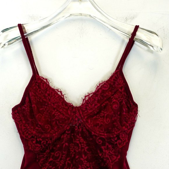 POLLY Women's Red Wine One Piece Bodysuit 4 SMALL Floral Strap Bustier Sheer - Picture 4 of 12
